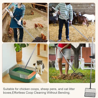 10in Wide Stainless Steel Chicken Poop Scooper with Adjustable Handle,36"-62" Long,Detailed mesh Design,Easy to Use Cleaning Tool for Chicken Coop, Sand Sifting