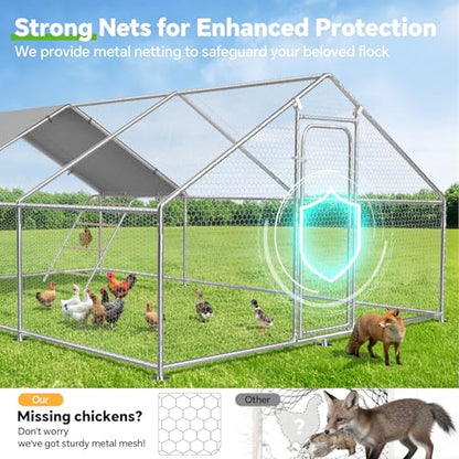 Large Metal Chicken Coop Run with Roosting Perch, Outdoor Waterproof & UV-Resistant Cover for Chickens, Ducks, Rabbits, and Hens in Yard or Farm Use Spire Roof (13.1'Wx19.7'Lx 6.5'H) - size: 20x13Ft - Spire