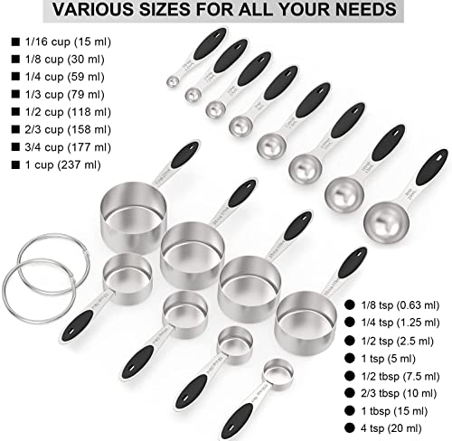 Measuring Cups & Spoons Set of 16, Wildone Stainless Steel Measuring Cups and Measuring Spoons with Black Silicone Handle, Including 8 Nesting Cups, 8 Spoons, for Dry and Liquid Ingredient | 8 Measuring Cups and 8 Measuring Spoons, Nesting Design, Heavy D