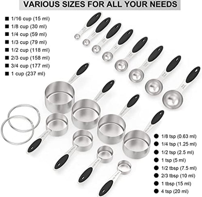 Measuring Cups & Spoons Set of 16, Wildone Stainless Steel Measuring Cups and Measuring Spoons with Black Silicone Handle, Including 8 Nesting Cups, 8 Spoons, for Dry and Liquid Ingredient | 8 Measuring Cups and 8 Measuring Spoons, Nesting Design, Heavy D