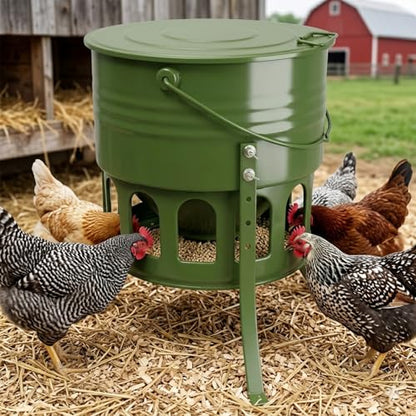 Metal Chicken Feeder No Waste - 20LB Large Chicken Feeder with 12 Ports & 4 Adjustable Heights Tripod Stand, Automatic Hanging Poultry Feeder, Rainproof for Backyard Chickens & Small Flocks - color: green
