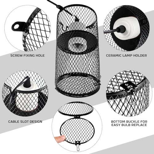 VIHOSE 1 Pcs Reptile Heat Lamp Guard with 150W Ceramic Heat Emitter Basking Anti Scald Heating Lamp Holder Mesh Cage Reptile Protection Lampshades for Lizard Snake Chick, Bulb Not Included - color: White
