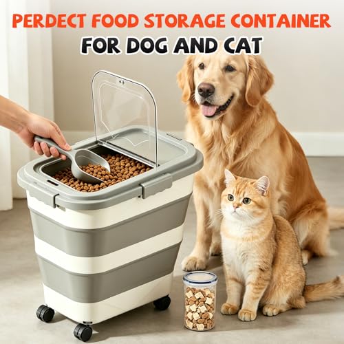23-25-Liter Foldable Airtight Dog Food Container with Airtight Lid, Wheels, Handle, and Scoop; Large Cat Food Storage Bin; Pet Food Storage Container