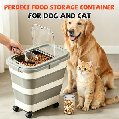 23-25-Liter Foldable Airtight Dog Food Container with Airtight Lid, Wheels, Handle, and Scoop; Large Cat Food Storage Bin; Pet Food Storage Container