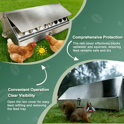 Hanging Chicken Feeder Metal Poultry Feed Trough Chicken Coop Fence Feeder with Rain Cover for Pigeon Turkey Geese Quails Ducks Bantams and Bird