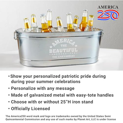 Let's Make Memories Personalized Beverage Tub - Custom America 250 Beverage Tub - Galvanized Drink Tub - 20 ¾"L x 11 ¾"W x 7" H - 5.5 Gallons - America250 America the Beautiful w/Stand - color: America250 America the Beautiful, size: With Stand