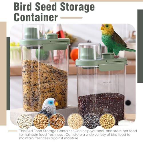 Maxdot 2 Pcs Bird Seed Storage Container 3 Qt/2.8 L with Tight Lids Airtight Cup Pet Food Storage Measuring Containers Lids with Pouring Spouts for Macaws African Grey Cockatoos (Green) - color: Green