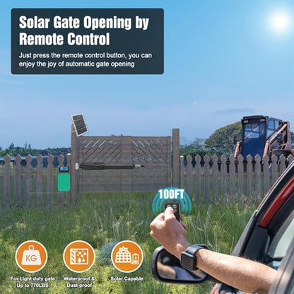 JUJIANG C026 Solar Gate Opener with Batteries & Solar Panel for Single Swing Gates Up to 770lb 16FT Automatic Gate Openers with Remote Complete Kit Medium Duty Automatic Gate Openers Solar Powered - size: 770lb Solar Single gate opener