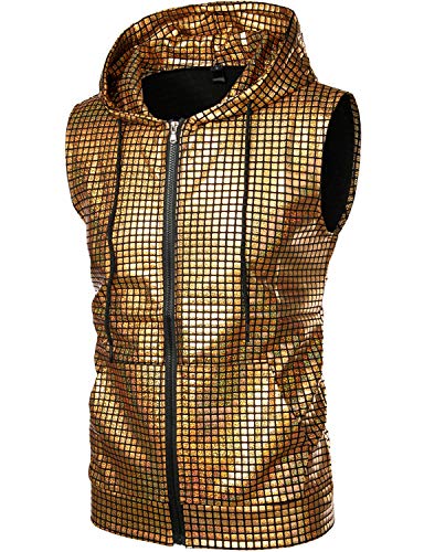 ZEROYAA Mens Shiny Metallic Zip Up Sleeveless Hooded Vest T Shirt with Kangaroo Pocket - color: Gold Sequin, size: Small