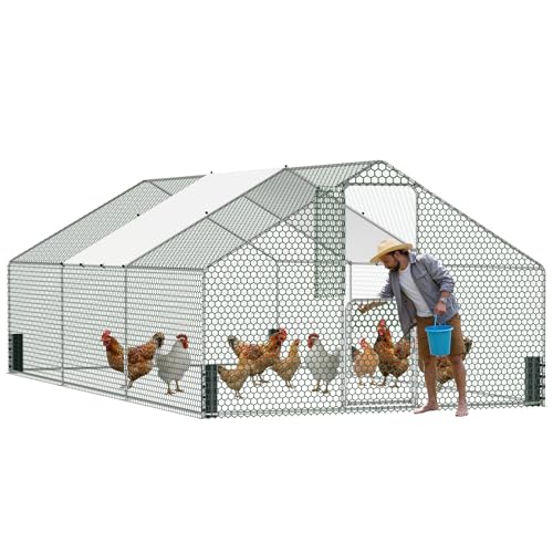 Large Metal Chicken Coop, Walk-in Chicken Run with Feeding Door, Security Lock and Cover, Outdoor Duck/Rabbit Cage Poultry Pen for Backyard, Farm, Yard (Silver - Spire Roof, 19.6 x 9.8 x 6.6 FT) - size: 235.0"L x 118.1"W x 78.8"H