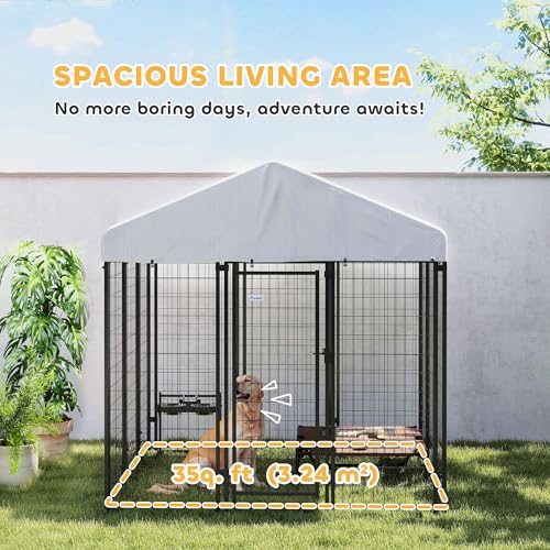 PawHut Outdoor Dog Kennel with Roof, 6' x 6' x 6' Heavy Duty Welded Wire Dog Playpen Enclosure with Escape-Proof Lock, UV-Resistant & Waterproof Cover, for Large Dogs, Chickens, Ducks, Silver - size: 71.3"L x 71.3"W x 72.0"H, style: Single Room