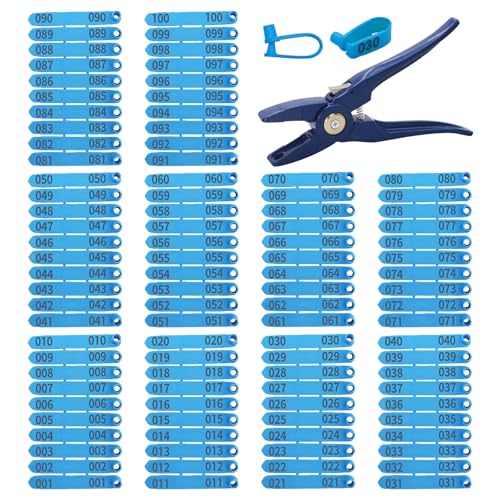 Livestock Ear Tags for Sheep 001-100 Number Plastic Goat Tag Animal Identification with Punch Applicator Plier Tools for Goats Sheep Pigs (Blue, 001-100) - color: Blue