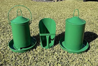 Zylina Powder Coated Green Metal Chicken Waterer 1 Gallon/Feeder 9 lbs/Scoop Combo Pack