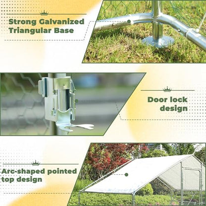 Metal Chicken Coop, 9.8 x 6.6 x6.6 Walk-in Chicken Run for 10 Chicken with Upgrade Roosting Perch, Water-Resident and Anti-UV Cover, Sturdy Spire Roof Chicken House for Outdoor Farm Use - color: Spire Roof