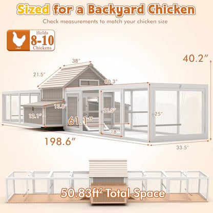 Ketive Extra Large Chicken Coop with 2 Runs for 8–10 Chickens Outdoor Wooden Hen House Poultry Cage with 6 Nesting Boxes, Dual Ramp Doors, Slide-Out Tray & Curved Roof (198.6" L x 38" W x 40.2" H) - size: 198.6"L x 38.0"W x 40.2"H