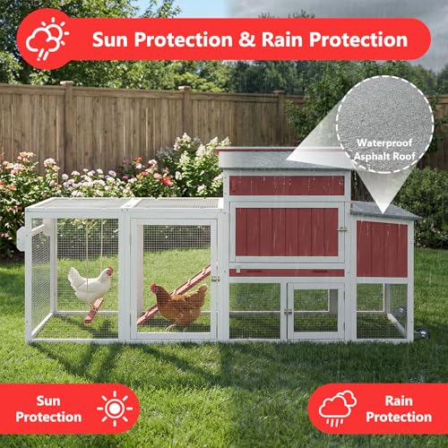 78" Wooden Chicken Coop with Nesting Box, Poultry Cage with Wheel Leak Proof Pull-on Tray and Asphalt Waterproof Roof, Hen House for Garden Backyard Farm - color: Red, size: 25.6"L x 39.4"W x 77.4"H