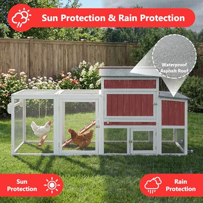 78" Wooden Chicken Coop with Nesting Box, Poultry Cage with Wheel Leak Proof Pull-on Tray and Asphalt Waterproof Roof, Hen House for Garden Backyard Farm - color: Red, size: 25.6"L x 39.4"W x 77.4"H