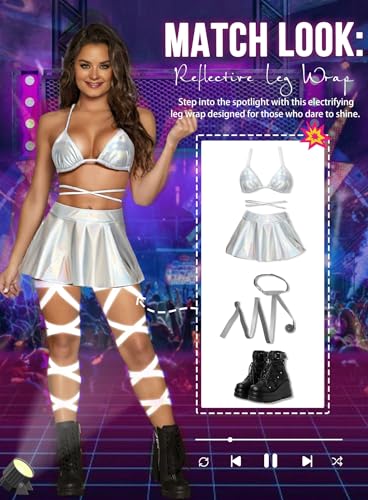 Ella Lust Reflective Rave Leg Wrap for Women - Adjustable Holographic Glow Straps Music Party Accessories EDC Concert Outfits - color: Reflective Silver