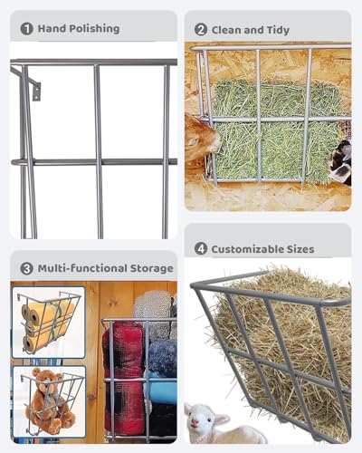 Wall Mount Horse Feeder for Flat Wall, Small Hay Rack Grain Feeders for Goats Sheep Horse Steel Livestock Trough with 25 Gallon Capacity