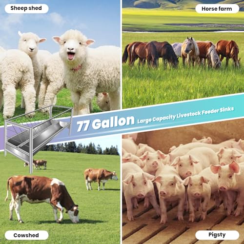 Pasture Feeder, Heavy Duty 77 Gallon Goat Hay Feeders, Stainless Steel Hay Feeder for Horses 59”, Easy Assembly for Goats, Sheep, and Horses, Ideal for Farm Use (Silver Stainless Steel)