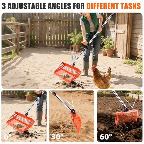 15/10'' Chicken Poop Scooper & Rake,4 IN 1 Chicken Coop Scoop with 2 Large Metal Shovel Heads,Chicken Coop Scooper for Sand,Chicken Scoop with Long Handle,Sifting Shovel for Chicken Coops(37 to 65in)
