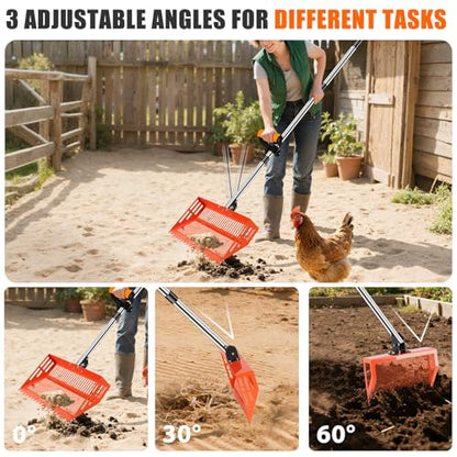 15/10'' Chicken Poop Scooper & Rake,4 IN 1 Chicken Coop Scoop with 2 Large Metal Shovel Heads,Chicken Coop Scooper for Sand,Chicken Scoop with Long Handle,Sifting Shovel for Chicken Coops(37 to 65in)