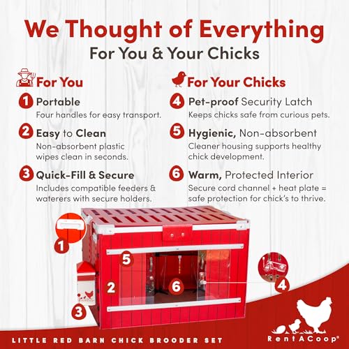 RentACoop Little Red Barn Chick Brooder Set | Durable, Lightweight, Easy-Clean, Multipurpose | with Heating Plate, Feeder, Waterer, Absorbent Hatchling Liners, Jute Liners, LED Light, Security Latch