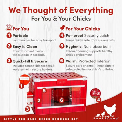 RentACoop Little Red Barn Chick Brooder Set | Durable, Lightweight, Easy-Clean, Multipurpose | with Heating Plate, Feeder, Waterer, Absorbent Hatchling Liners, Jute Liners, LED Light, Security Latch