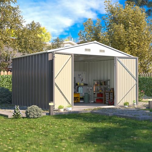 Patiowell 10x8 FT Outdoor Storage Shed, Large Metal Tool Garden Sheds with Lockable Door and Sloping Roof, Waterproof Outside Storage Shed for Backyard Patio Lawn, Gray - color: Gray, size: 10x8 FT
