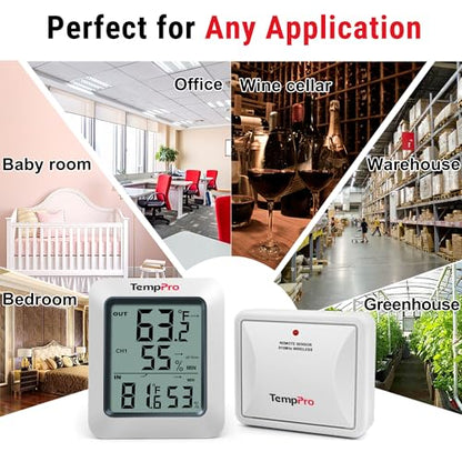 TempPro TP60-2 Digital Hygrometer Indoor Outdoor Thermometer Wireless Temperature and Humidity Gauge Monitor Room Thermometer with 500ft/150m Range Humidity Meter (Previously ThermoPro)