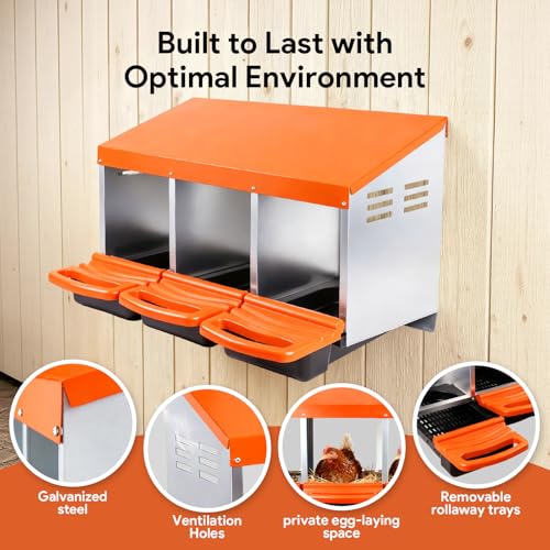 Chicken Nesting Boxes with 3 Cozy and Roll-Away Design - Chicken coop Nesting Boxes,Private Laying Spot & Enables Effortless Egg Collection (Orange)