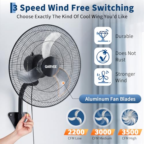 Garvee 18 Inch Oscillating Wall Mount Fan, 3 Speed High Velocity 3500 CFM Industrial Wall Fan, 90° Oscillation & 30° Tilt Cooling,Wall Fan for Home, Offices, Garage, Commercial, Warehouse - size: 18 Inch
