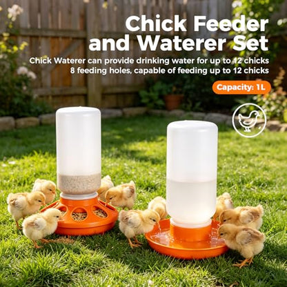 Chick Feeder and Waterer Set 1L for Baby Chicks, Ducks, Quail | Quail Feeder Waterer Kit, Backyard Chicken Coop Brooder Supplies