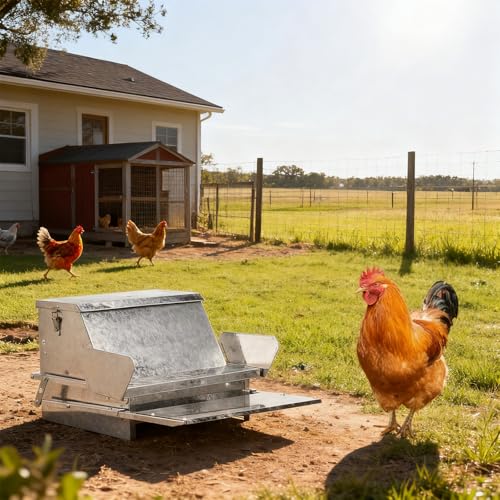 20'' Automatic Treadle Chicken Feeder, No Waste No Spill Rodent Proof Metal Chicken Feeder with Weatherproof Lid & Lock, Chicken Supplies for Your Chickens Duck Bantams Pheasants Poultry Coop