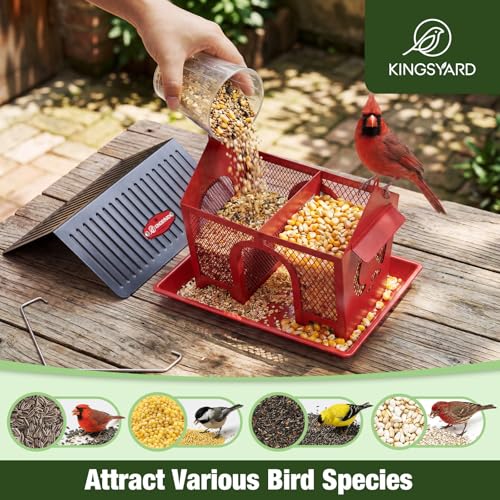 Kingsyard Bird Feeder for Outdoors Hanging, Dual-Use Metal Mesh Wild Bird Feeders with Seed Tray & Weatherproof Roof, 3 lbs Large Capacity, Red - color: Red
