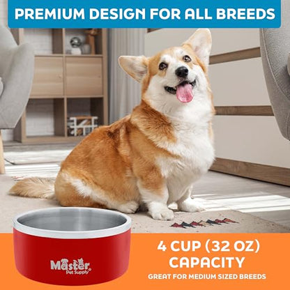 Master Pet Supply Stainless Steel Dog Bowls - 32 oz, Heavy Duty - Crimson Flame, Double Wall Extra-Thick Insulated, Non-Slip Pet Water Bowl for Dogs, Cats & Pets, Anti Rust Metal, Dish Washer Safe - color: Crimson Flame, size: 4 Cups (32 oz)