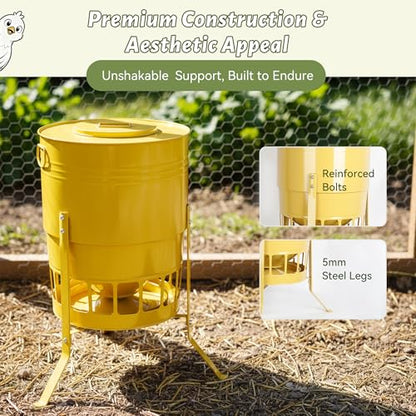 KOL Chicken Feeder No Waste for Coop & Outdoors, 16 Port 50lbs Poultry Feeder with Spill-Control Design, Rust-Proof Powder Coated Metal & Smooth Safe Edges (Yellow) - color: Yellow