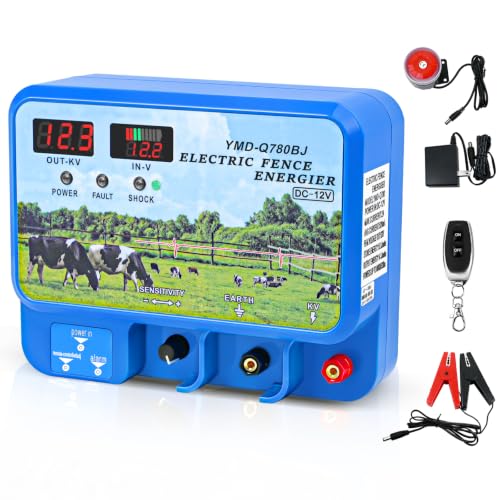 15.5J Electric Fence Charger, 15.5 Joules 600 Acres, AC DC 2 in 1 Powered Supply, Input 12V Output 12KV, with Display Remote and Alarm, Keep Out Predators, Contain Cattle Cow and Livestock