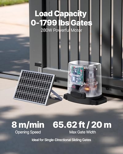 VEVOR Solar Sliding Gate Opener, 280W Electric Gate Opener for Doors up to 65.6ft 1799lbs, Gear Track Rolling Fence Door Motor with Infrared Sensor & 2 Remote Controls, Driveway Gates Opening System