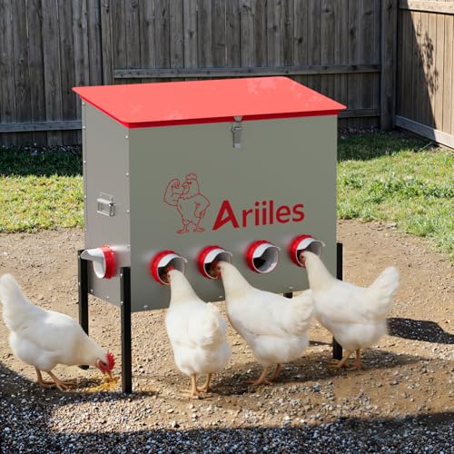 Automatic Chicken Feeder Box, 100lb Capacity, 10 No-Waste Ports, Metal Poultry Feeder with Covered Lid & Elevated Stand, Feed Dispenser for Chickens, Ducks & Backyard - size: 100 LB