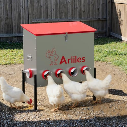 Automatic Chicken Feeder Box, 100lb Capacity, 10 No-Waste Ports, Metal Poultry Feeder with Covered Lid & Elevated Stand, Feed Dispenser for Chickens, Ducks & Backyard - size: 100 LB