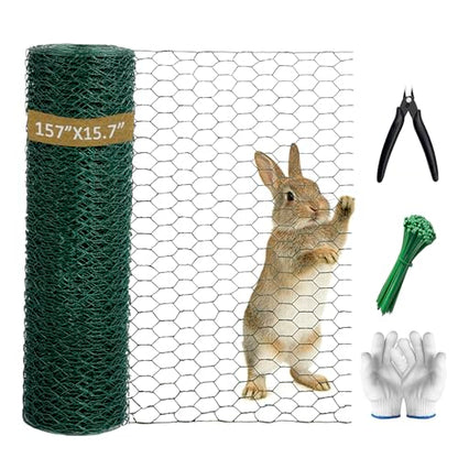 Chicken Wire,16.14 x 157 Inch Floral Chicken Wire for Floral Arrangements Green Mesh Netting 0.6inch Hexagonal Polyvinyl Chloride Coated Net, Fits for Handicrafts, Garden Fence, and Plant Protection