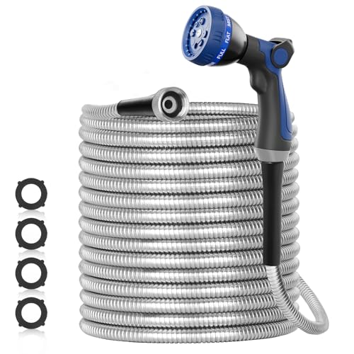 SPECILITE 50ft 304 Stainless Steel Garden Hose Metal, Heavy Duty Water Pipe with Nozzles for Yard, Outdoor - Flexible, Never Kink & Tangle, Puncture Resistant (Sliver) - color: Sliver, size: 50 ft