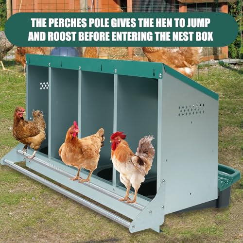 Chicken Nesting Box, 4 Holes Nesting Boxes, Heavy Duty Metal Laying Boxes, Roll Away Nesting Box Egg Collection Tray, with Roosting Pole for Chicken Coop(Green) - size: 4 Holes