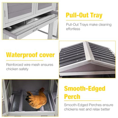 Aivituvin Chicken Coop with Run and Wheels, Mobile Outdoor Hen House Wooden Poultry Cage with Waterproof Roof (Grey, AIR61) - color: Grey, size: AIR61