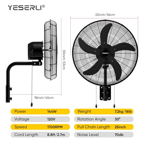 20 Inch Oscillating Wall Mount Fan, High Velocity Commercial Wall Mounted Fan with 3 Speeds, 5000 CFM & 1700 RPM, Heavy Duty Outdoor Wall Fan for Garage, Patio, Warehouse & Workshop, Black - size: 20-Inch