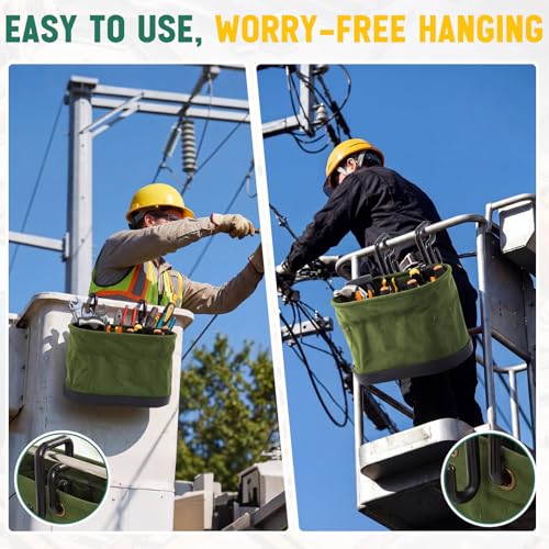 Vesici 1 Set Military Green Canvas Bucket Bag Including Hooks Aerial Oval Lineman Tool Bucket with Black Polypropylene Bottom 15 Pockets Tool Organizer for Industrial Maintenance Construction Sites - color: Military Green