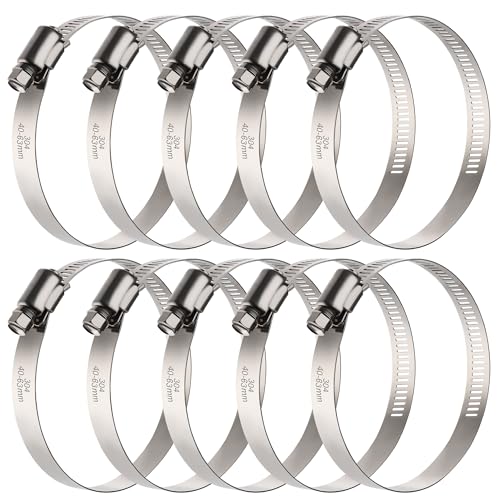 OURU 10PCS Hose Clamps Stainless Steel Adjustable 1-9/16"-2-1/2"(40-63mm) Worm Gear Hose Clamp, Heavy Duty Metal Small Hose Clamps for Automotive, Pipe, Radiator Plumbing, Fuel Line - size: 1-9/16"-2-1/2"(40-63mm)
