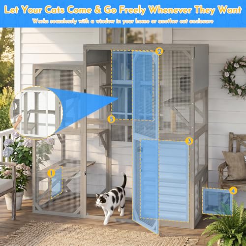Ketive Catio Outdoor Cat Enclosure Large Walk-in Cat House with Storage Cabinet, Multi-Level Platforms with 2 Cat Trees, Roll-Up Roof for Multiple Cats, Backyard Patio Garden - size: 65.0"L x 29.5"W x 67.1"H