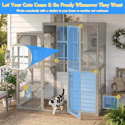 Ketive Catio Outdoor Cat Enclosure Large Walk-in Cat House with Storage Cabinet, Multi-Level Platforms with 2 Cat Trees, Roll-Up Roof for Multiple Cats, Backyard Patio Garden - size: 65.0"L x 29.5"W x 67.1"H